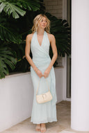 aqua turquoise maxi midi length dress v neckline summer dress