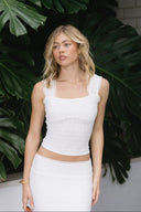 fitted floral lace white top with textured fabric 